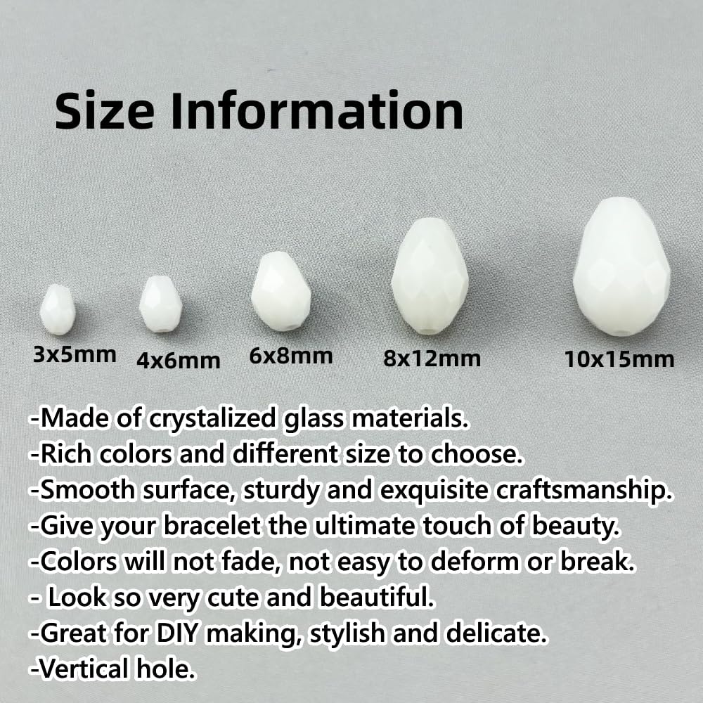 50pcs 10x15mm Teardrop Crystal Glass Beads for Jewelry Making, Faceted Vertical Hole Teardrop Glass Spacer Beads for Wind Chimes Bracelet Earring Necklace DIY Craft(White)