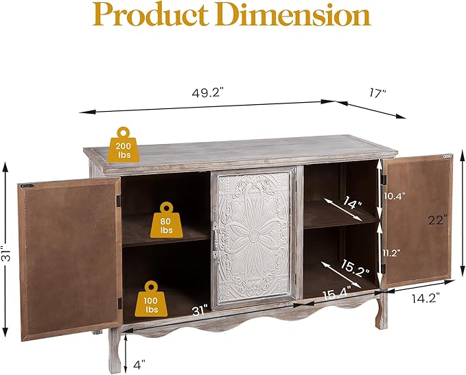 RoyalCraft Buffet Cabinet with Storage, Vintage Solid Wood Sideboard with 3 - Image 2