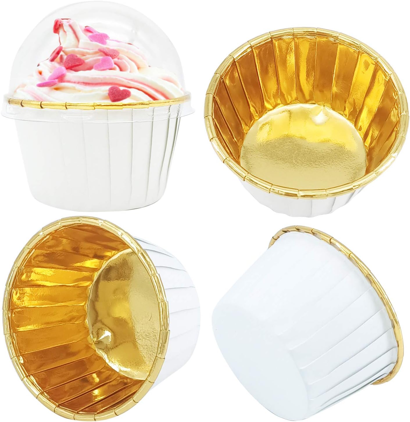 Cupcake Liners with Dome Lids 100Pack, Free-Air 3.5Oz Mini Foil Baking Cups Muffin Liners, Disposable Ramekins Cupcake Tins Cupcake Wrappers for Wedding Birthday Party, with Spoons-White in Gold