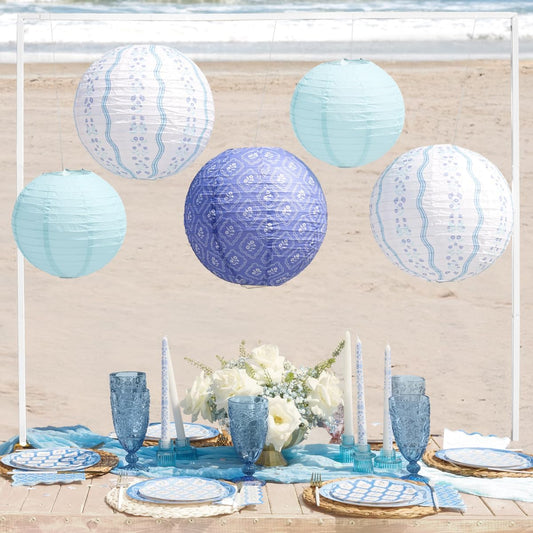 xo, Fetti Blue Coastal Paper Lanterns - 6 pcs. | Beach Party Decorations, Bachelorette Lights, Nautical Birthday Tablescape, Seaside Shower Centerpiece