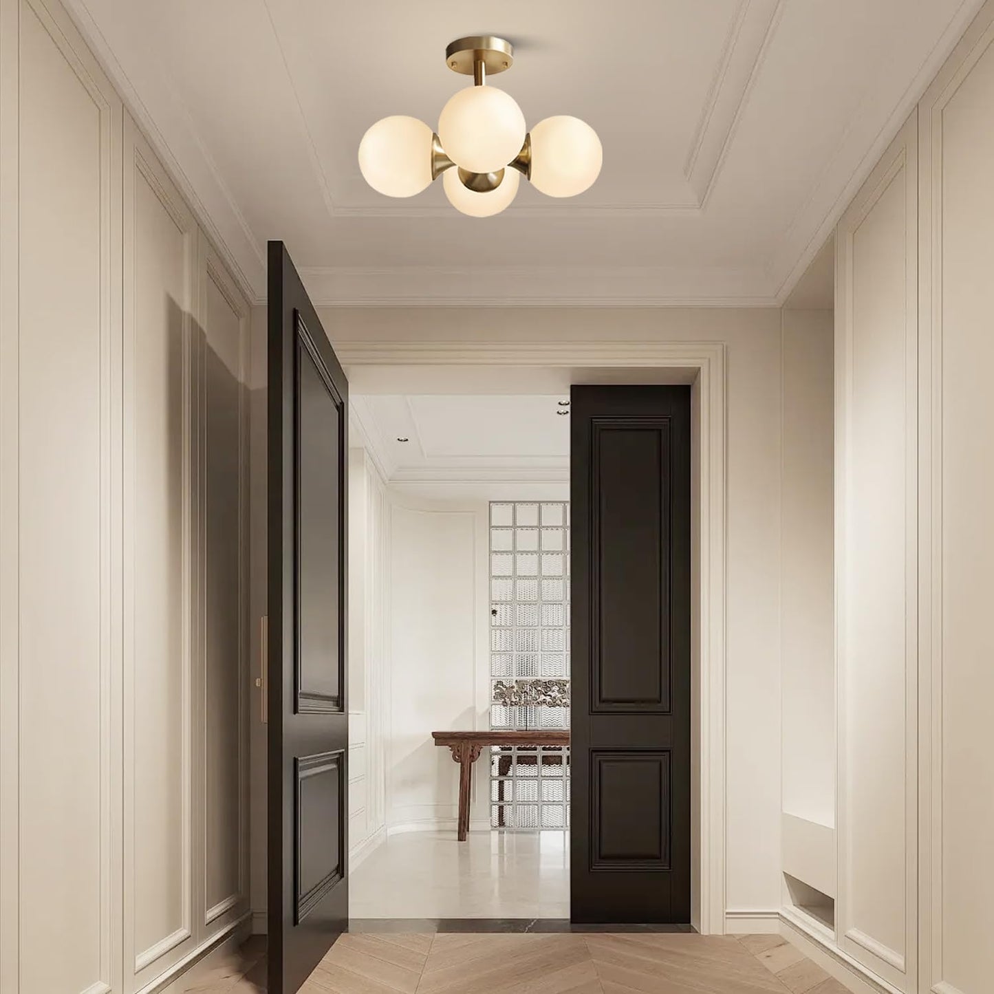 KCO Lighting Antique Brass 4-Light Ceiling Light Mid-Century Frosted Glass Globe Chandelier Modern Flush Mount Ceiling Light Fixtures for Bedroom Living Room