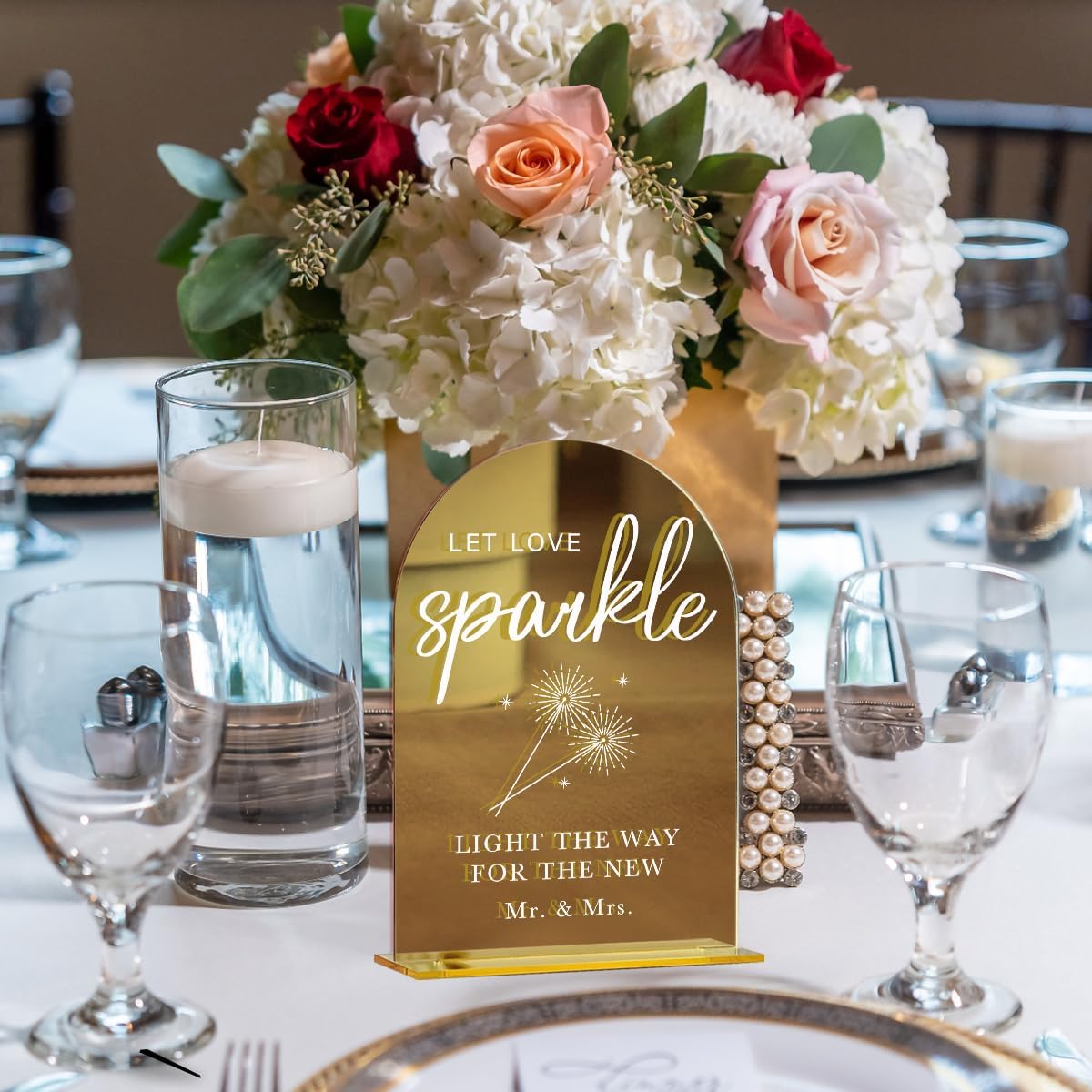 Acrylic Wedding Sign, Bridal Shower Decorations, Let Love Sparkle Sign for Ceremony, Modern Font Table Signs, Gold Mirror Arched Acrylic Tabletop Signs for Wedding Reception and Event Party