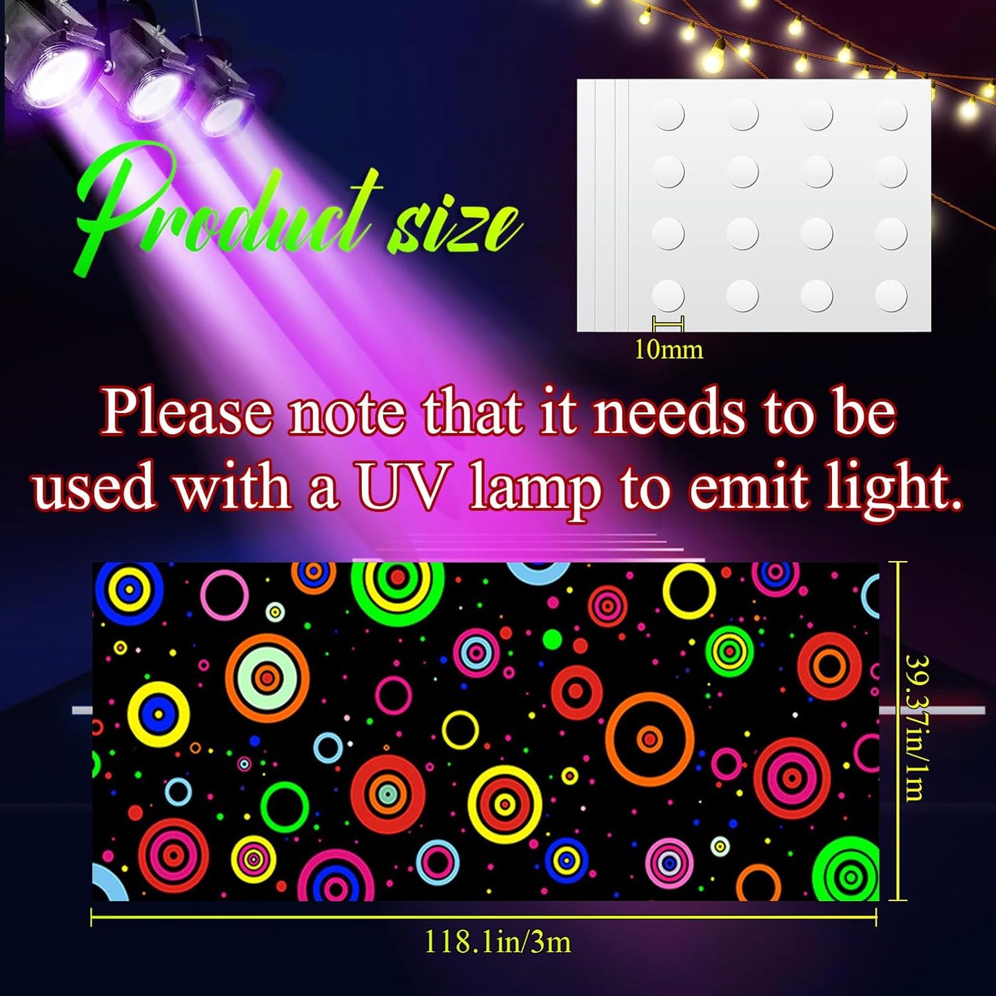 Haull 118 x 39 Inch Neon Light up Dance Floor Glow in The Dark Runner UV Reactive Blacklight Floor Aisle Runner Decor Wall Props for 80s 90s Neon Birthday Party Decorations(Ring)