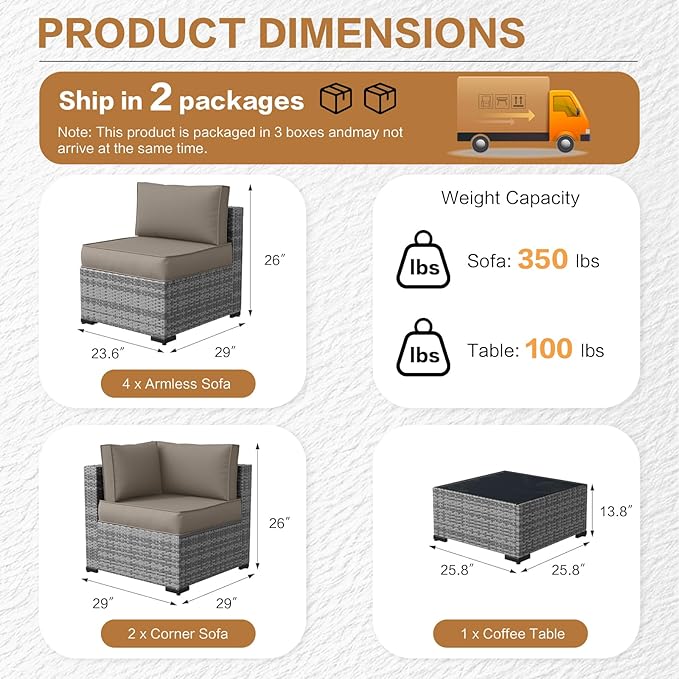MOCHITO 7 Pieces Outdoor Patio Furniture Sets, All-Weather Sectional Sofa Grey - Image 5