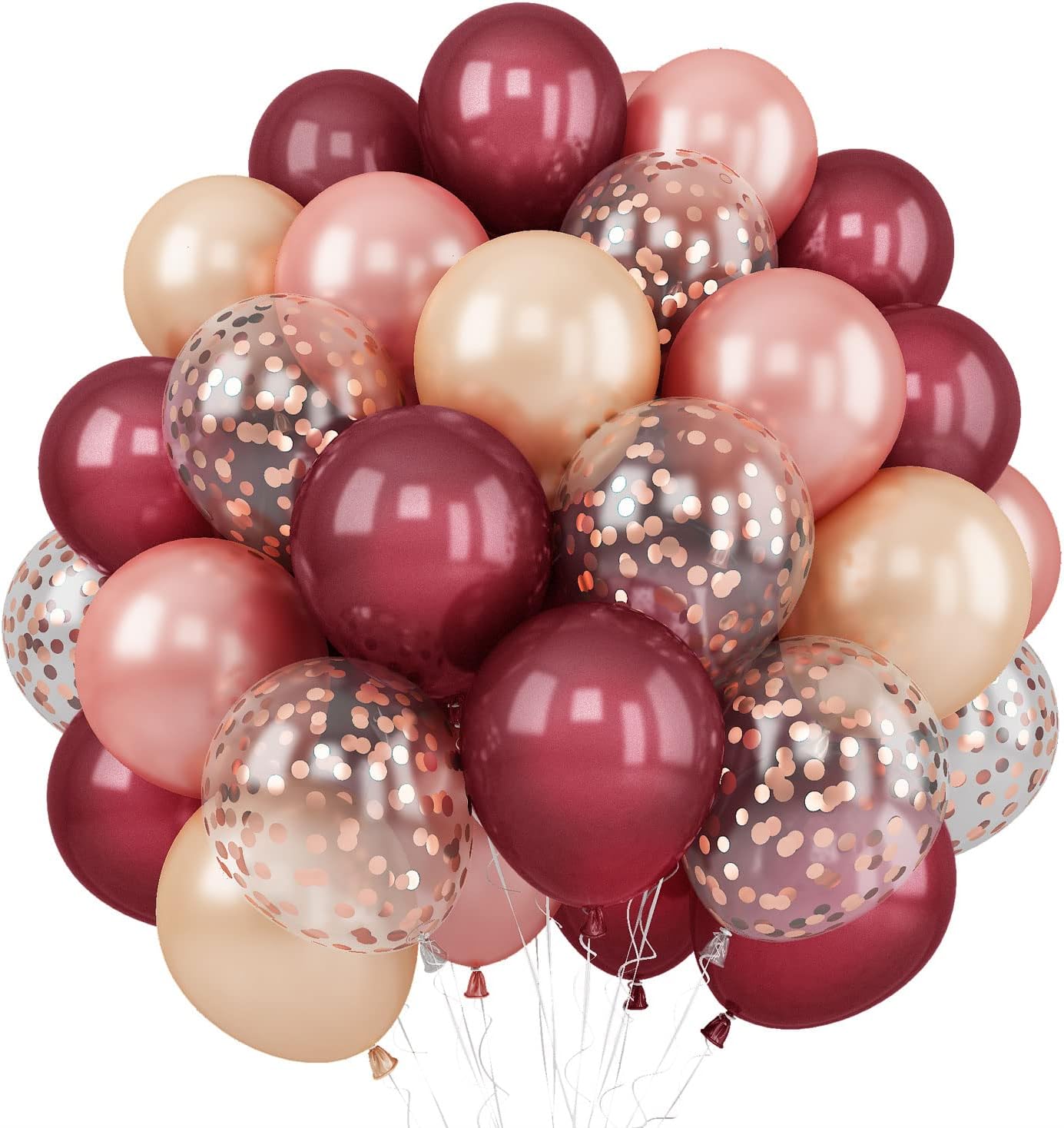 Balloons Burgundy Rose Gold, 60 Packs 12 Inches Wine Red Champagne Latex Balloon Rose Gold Confetti Balloons for Women Girls Birthday Wedding Bridal Shower Party Anniversary Decoration