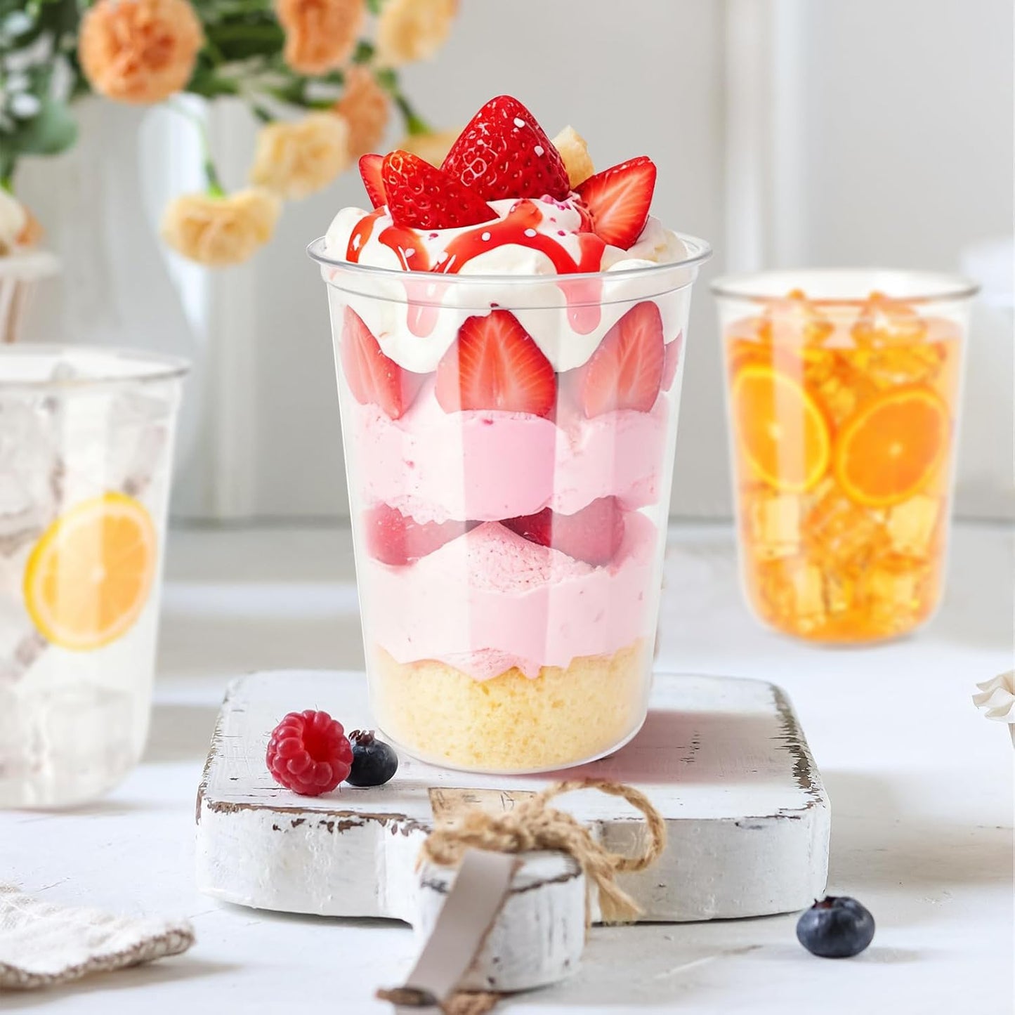 60 Pcs Disposable Stemless Clear Glasses 16 oz NATURAL Arc Crystal Plastic wine glasses Clear Classic Pet Cup for Meeting Weddings Birthdays Cocktail Christmas Party Supplies