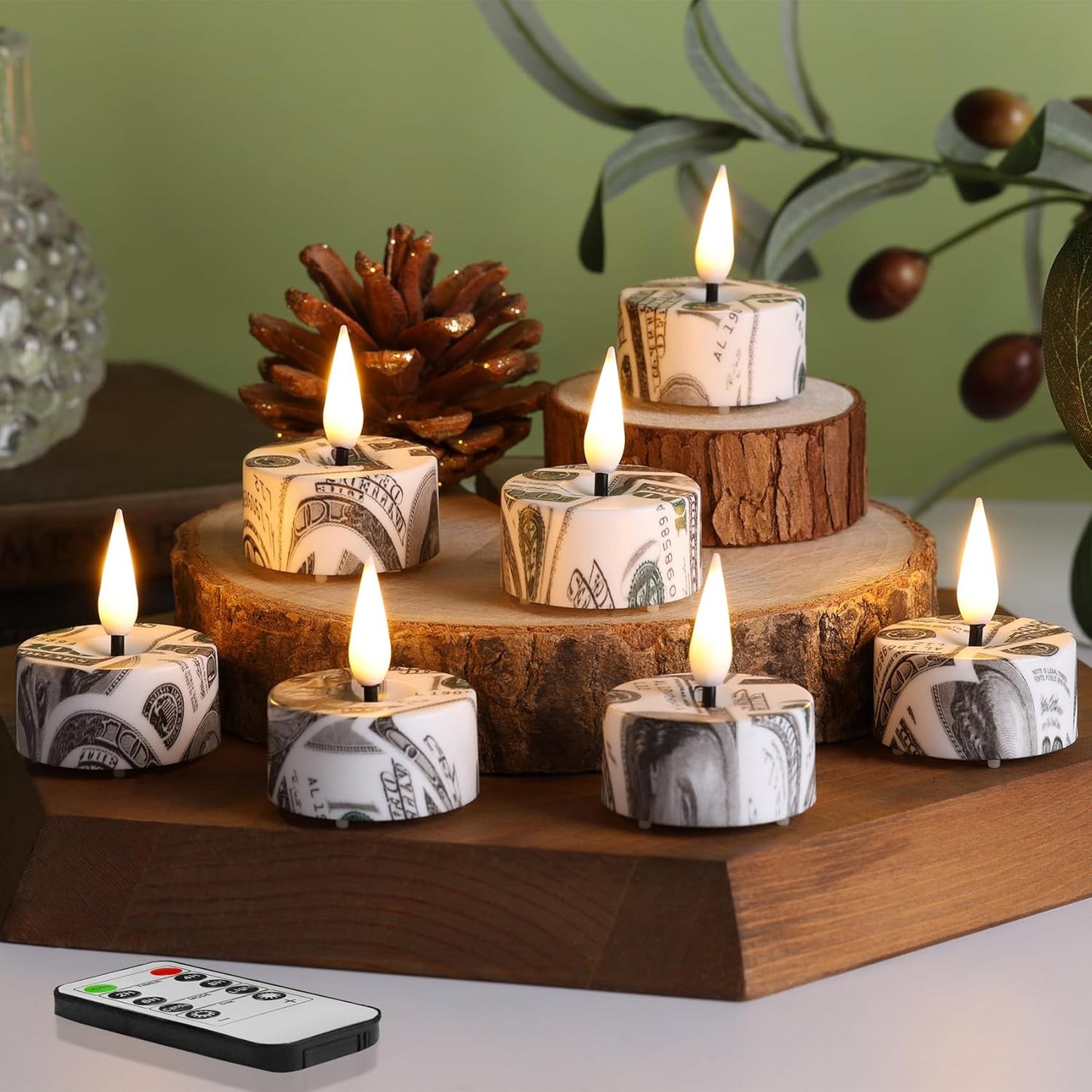 Eywamage Patriotic Flameless Tealights with Remote Batteries, Flickering US Dollar LED Tea Votive Candles Set of 12