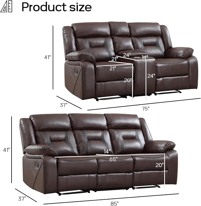 EBELLO Manual Recliner Sofa Set, Faux Leather Reclining Living Room Furniture - Image 2