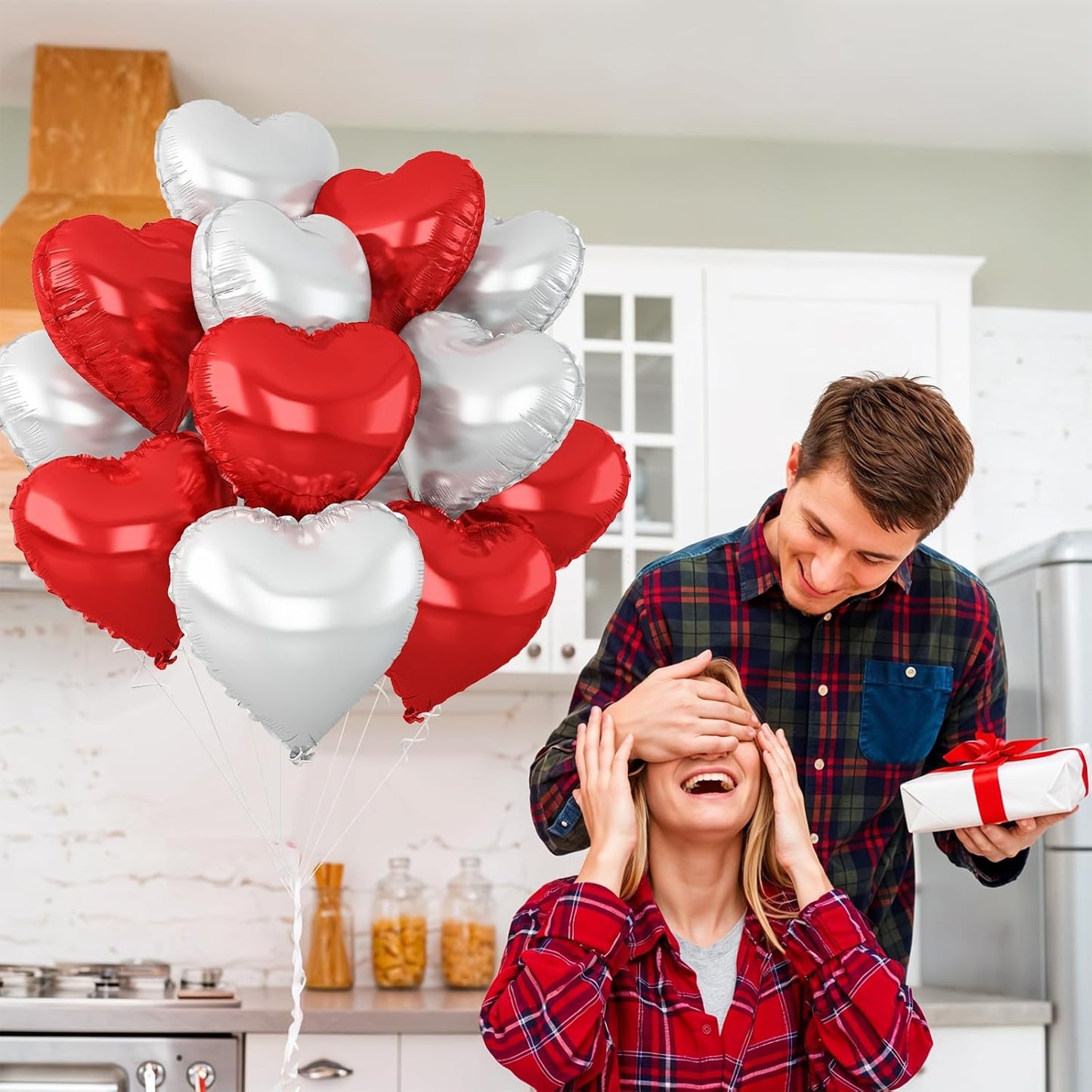 Red Silver Heart Balloons,12Pcs 18Inch Silver Red Heart Shaped Foil Helium Foil Balloons for Baby Shower Birthday Anniversary Wedding Engagement Party Decorations