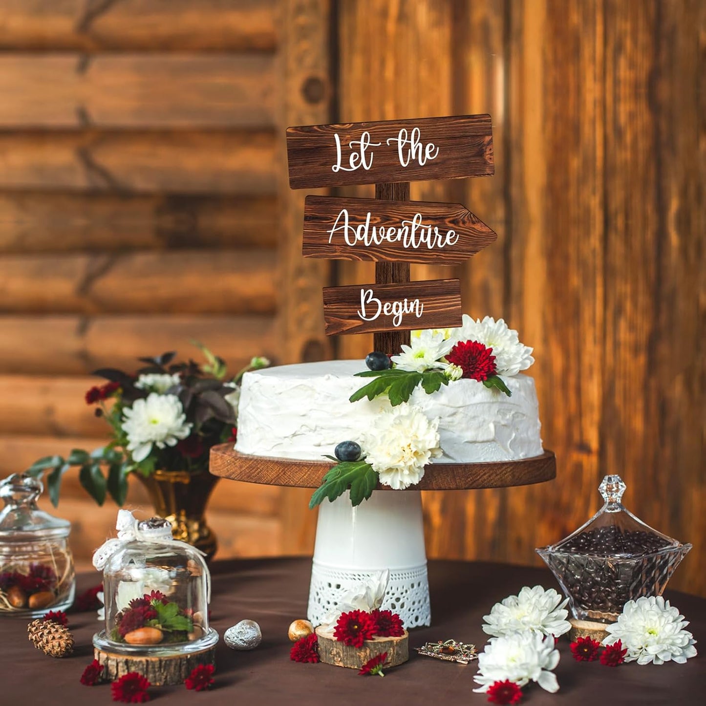 Let the Adventure Begin Cake Topper in Wood Rustic Cake Decoration for Wedding & Baby Shower