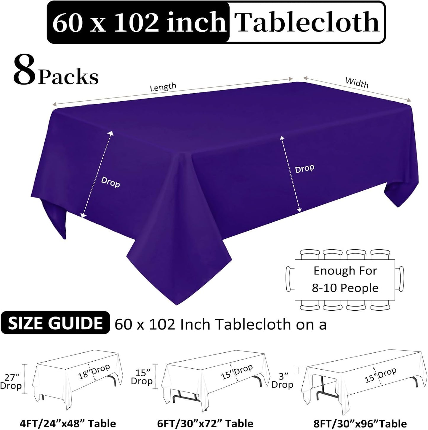 8 Pack Purple Tablecloth 60 x 102 Inch Rectangular Tablecloths for 6 Foot Rectangle Tables, Wrinkle Resistant Purple Table Cloth Washable Polyester Fabric Table Covers for Buffet Wedding Party Banquet