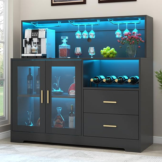 Bar Cabinet for Home with LED Light, Coffee Bar Cabinet with Wine & Glass Rack by AuromieDirect