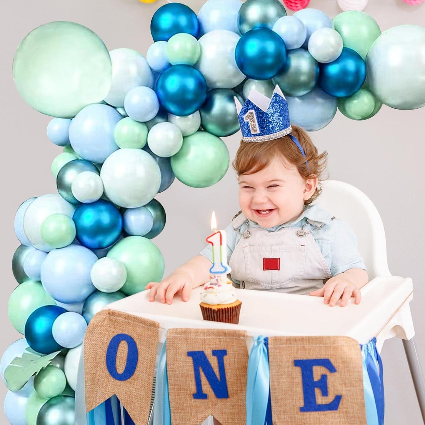 125pcs Blue Green Macaron Balloon and Metallic Blue Silver Balloon Garland Kit for Birthday Retirement Bridal Baby Shower Graduation Wedding Anniversary Party Decoration