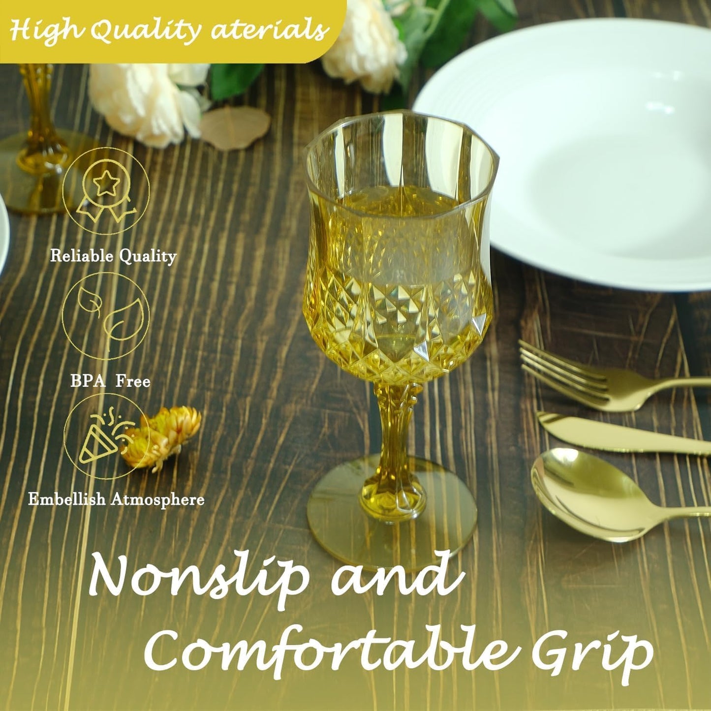 Plastic Wine Glasses，100PCS Gold Plastic Goblets Vintage Style Cordial Drinking Glasses for Wedding Reception, Grand Event Party Supplies (100, Gold)