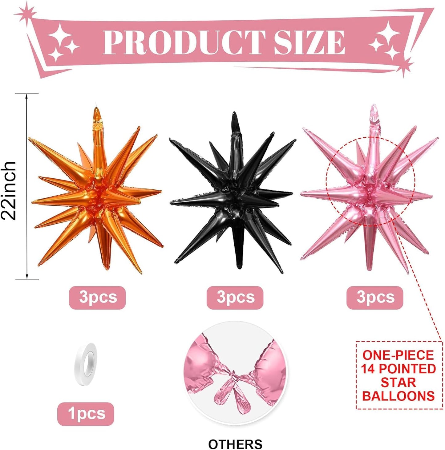 Black Orange Pink Star Balloons,9Pcs 22Inch Orange Pink Black Explosion Spike Cone Helium Polyester Film Star Foil Balloons for Halloween Birthday Anniversary Baby Shower Party Decorations