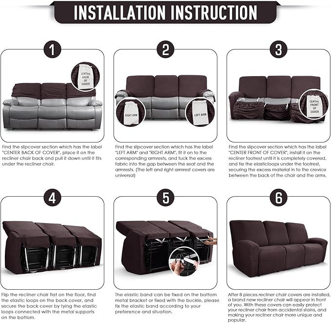 TAOCOCO Recliner Couch Covers for 3 Seat, 8-Pieces Stretch Large Couch Covers - Image 6