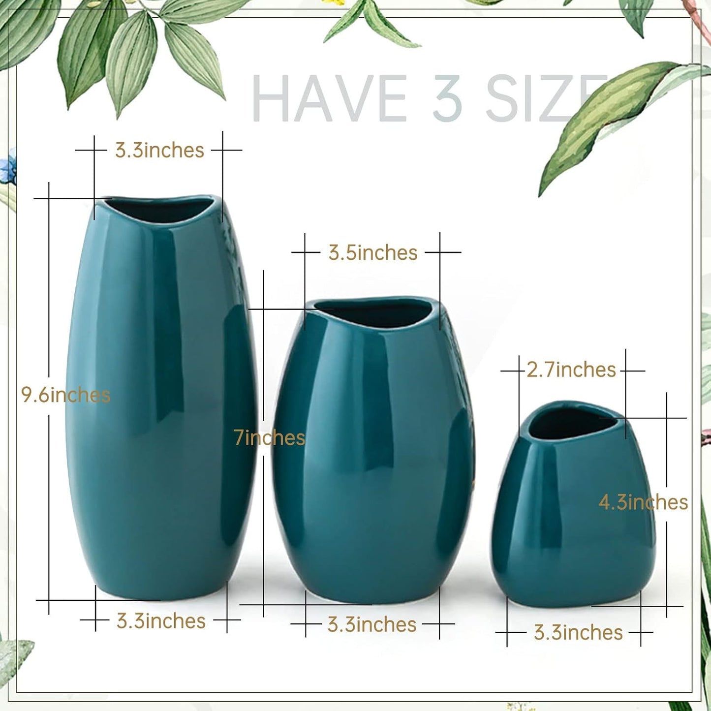 hjn Ceramic Vase Set of 3 Teal Flower Vase for Home Decor, Modern Decorative Vase for Flowers Vases for Your Ideal Shelf Decor/Table/Living Room/Kitchen/Office-Teal