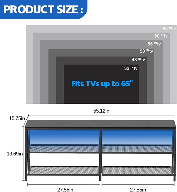 55 inch TV Stand with 3-Tier Open Shelf, Entertainment Center with Power - Image 2