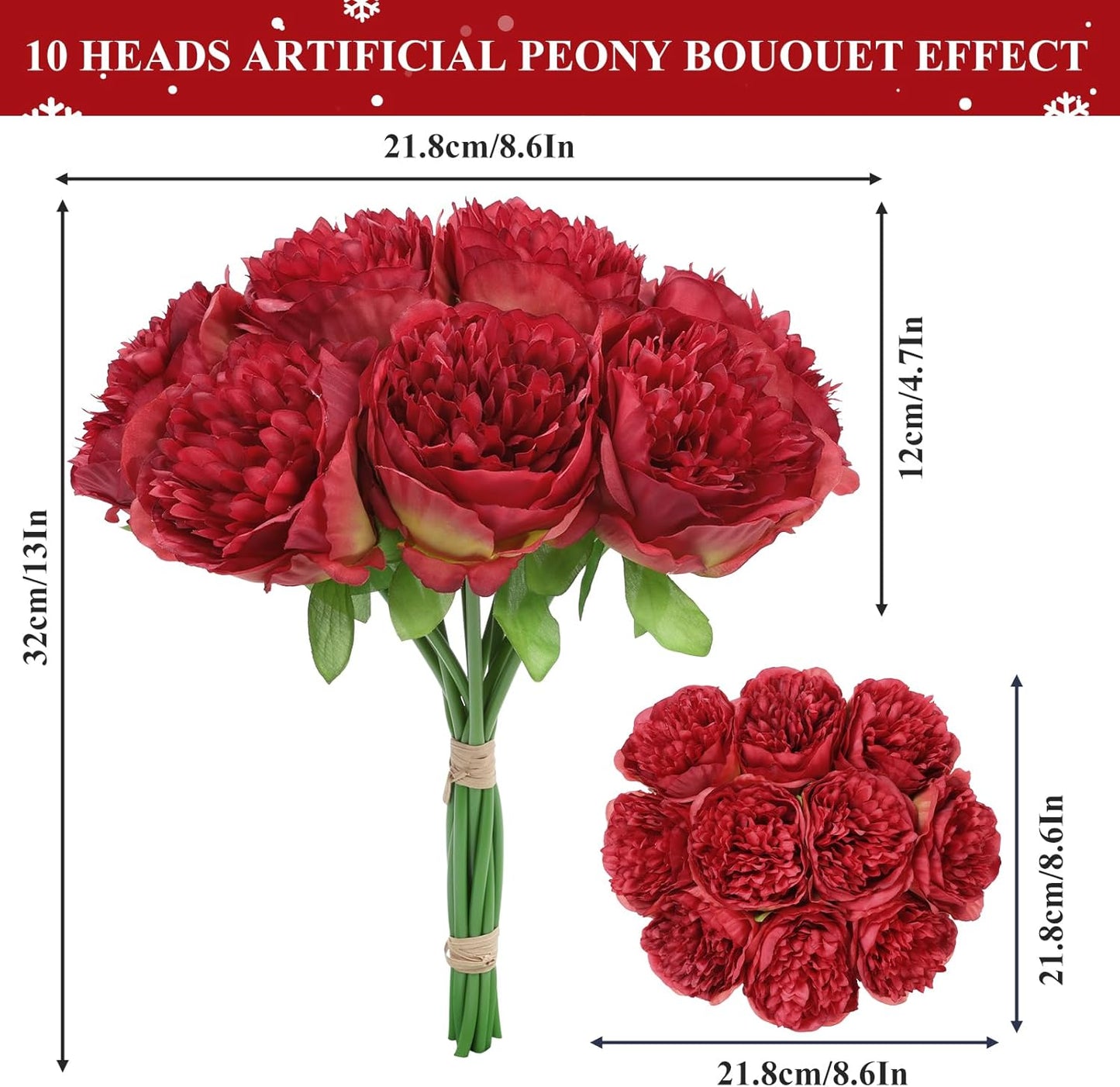 U'Artlines 10 Heads Artificial Peony Silk Flower Leaf Home Office Wedding Party Festival Bar Decor (Red)
