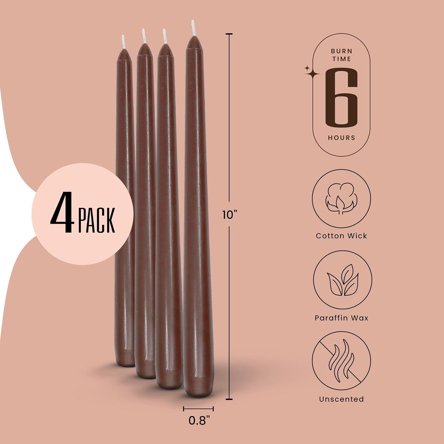 Leor & Lair Brown Taper Candles - 4 Pack 10" Brown Candlesticks - Unscented Long Burning Candle Sticks for Farmhouse Decor, Dinner Table, Holidays, Weddings, Restaurants & Events