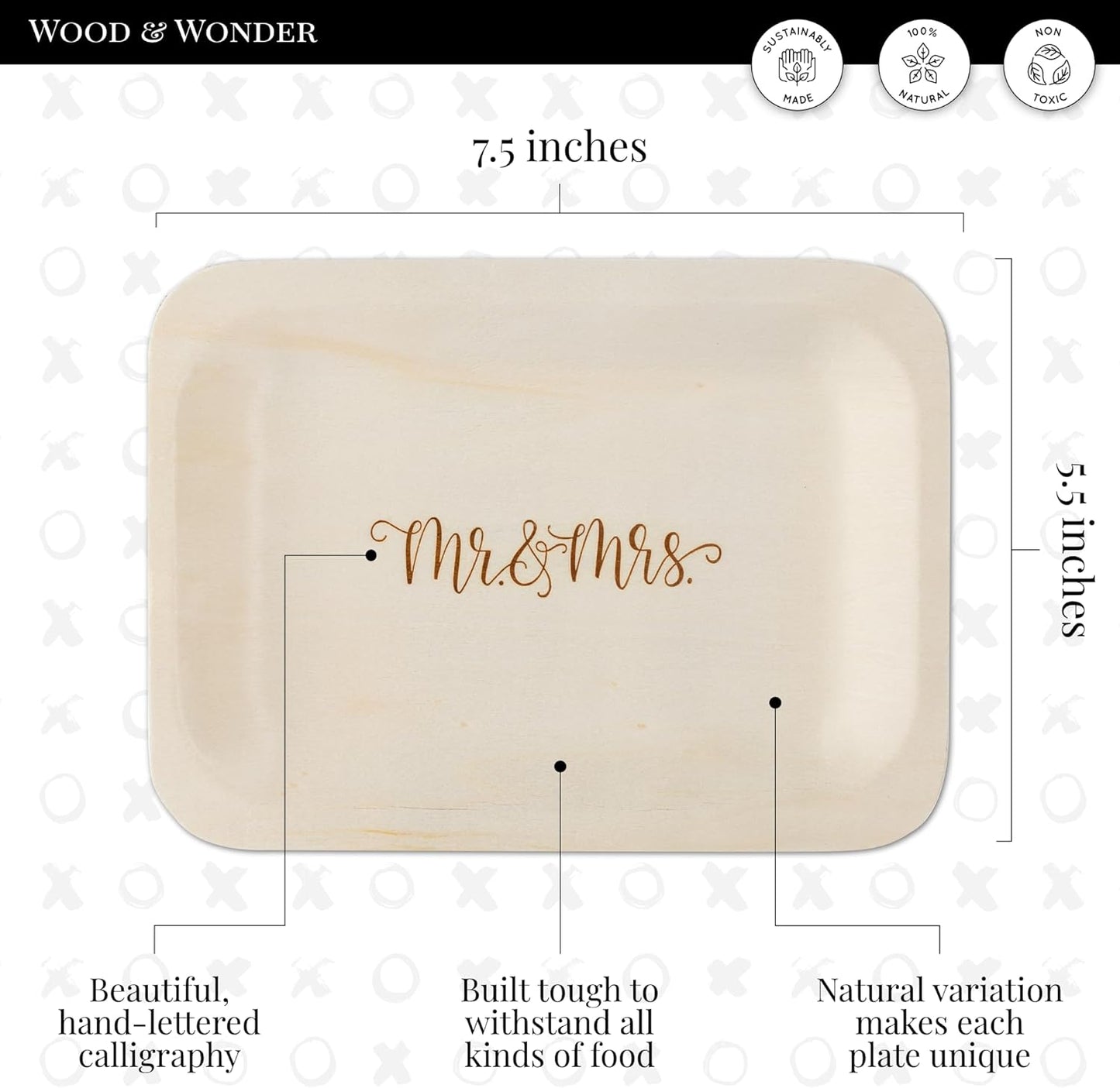 Mr. and Mrs. Disposable Wedding Plates – Rustic, Compostable Alternative to Plastic Plates for Wedding Receptions, Engagement Parties, and Rehearsal Dinners (Salad/Dessert, 50-Pack)