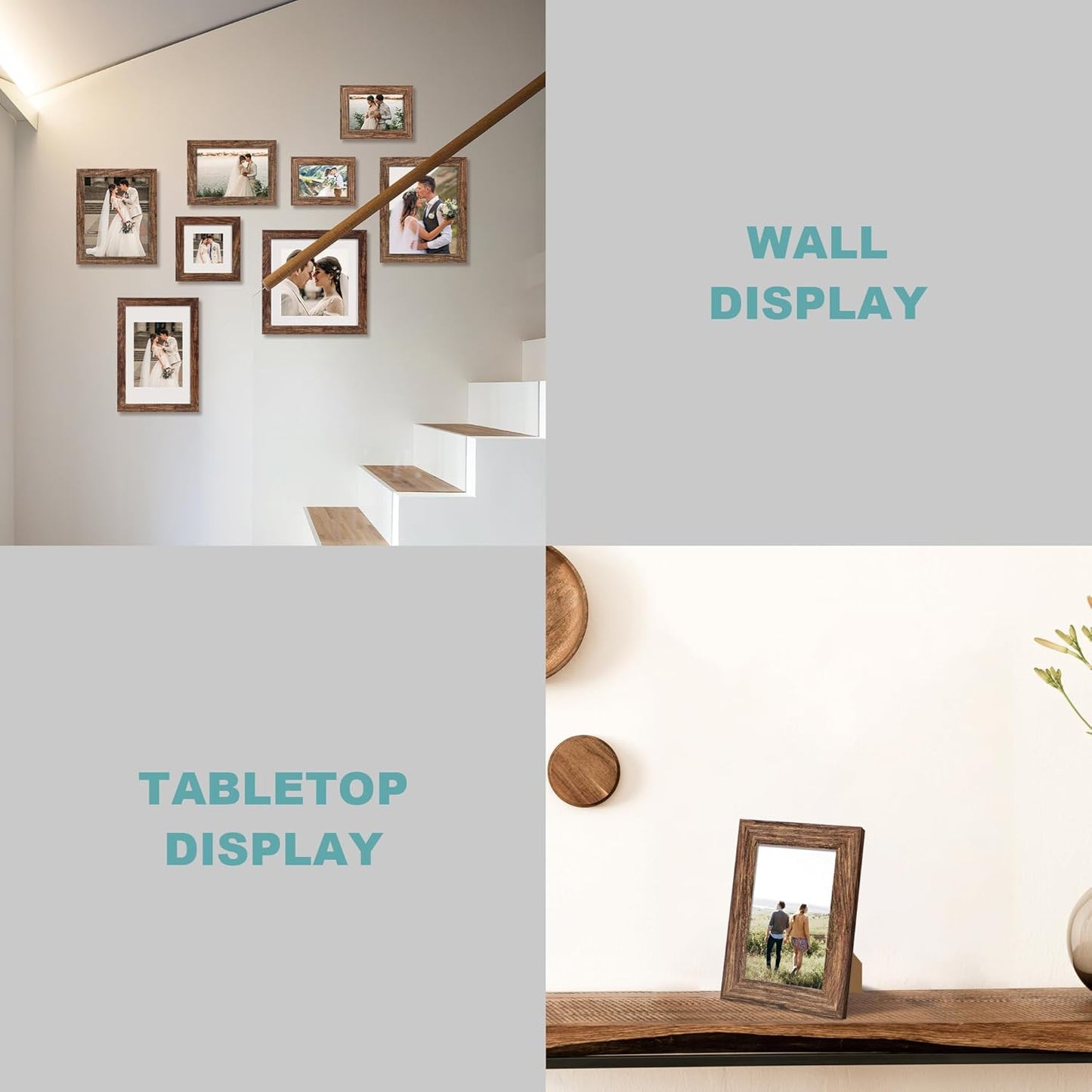 6x6 Picture Frame Set of 4 with Real Glass, Rustic Frames Display 4x4 Picture with Mat or 6 x 6 Without Mat, Wood Square Photo Frame for Wall Mount and Tabletop Display