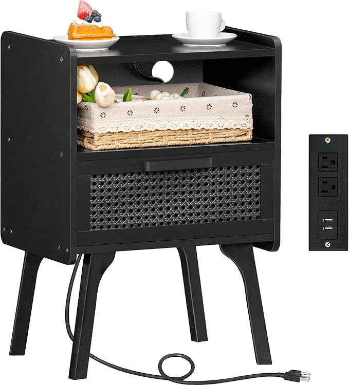 Lerliuo Rattan Nightstand with Charging Station, Side Table with Drawer Open - Image 8