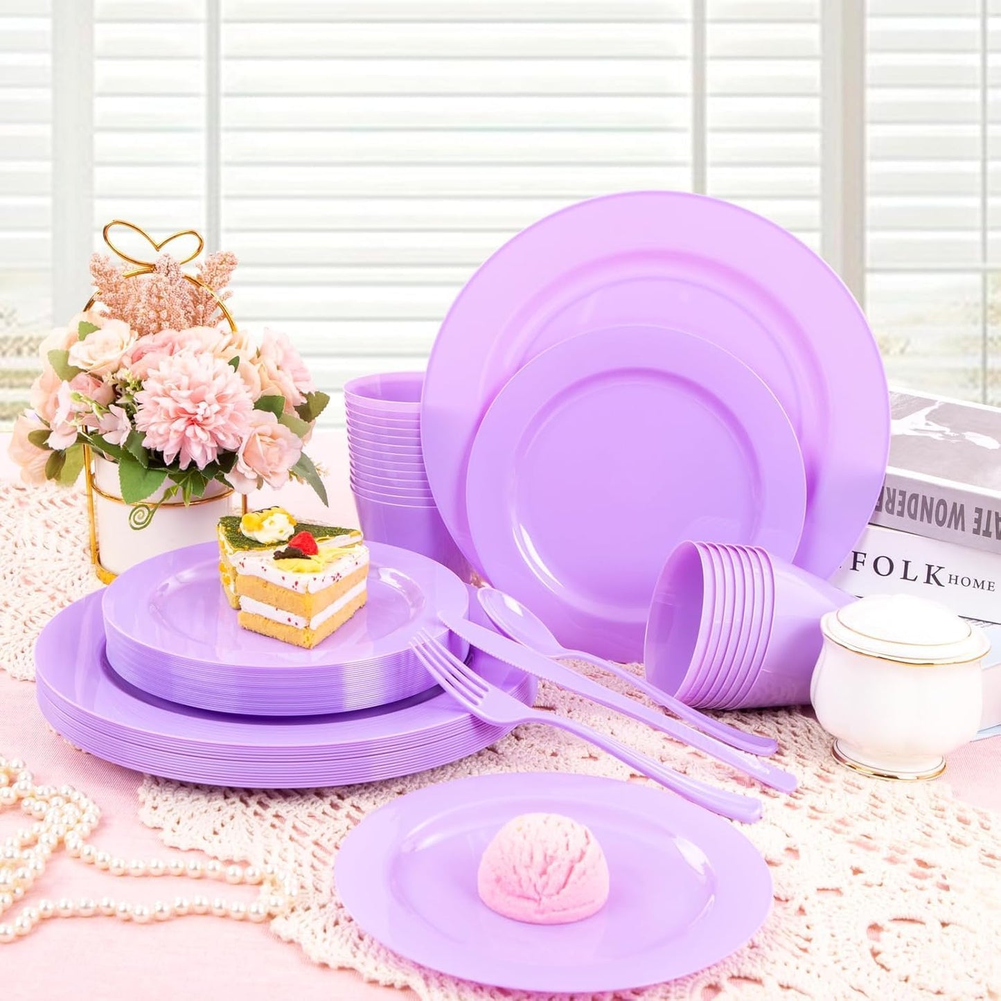KIRE 150 PCS Purple Plastic Plates - Purple Dinnerware Set Disposable 25 Dinner & 25 Salad Plates 25Forks 25Knives 25Spoons 25Clear Cups for Birthday/Baby Shower