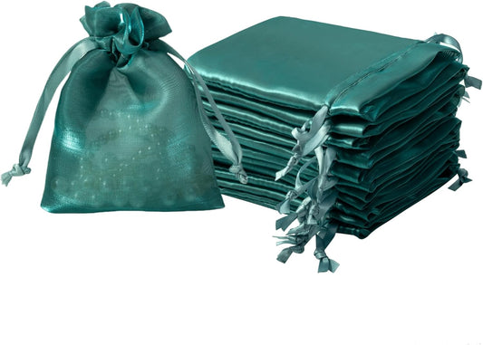 QIANF 20 Pcs Dark Green Small Organza Bags 3X4 inch for Wedding Favors with Drawstring, Mini Mesh Gift Bags Jewelry Pouch for Candy Bridal Shower Party Favor Baby Shower Christmas