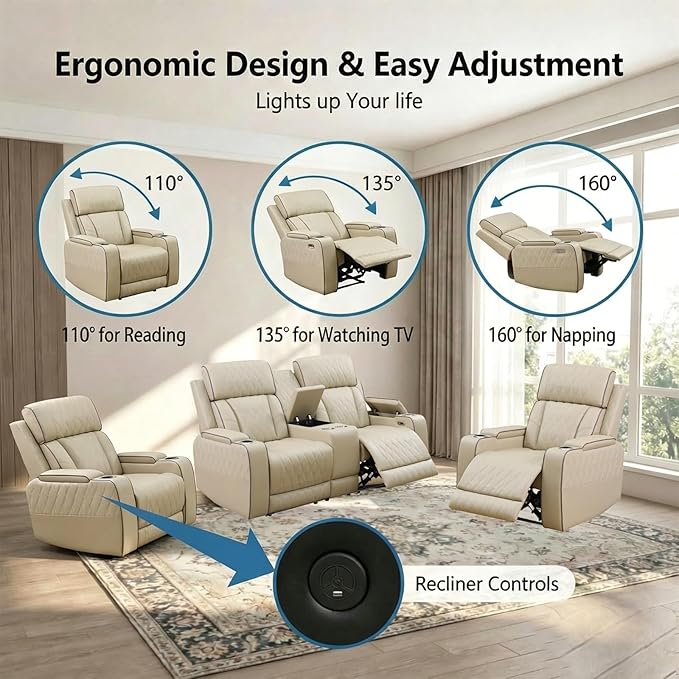 Power Recliner Sofa Set with LED Lights, Includes 2 Manual Recliner 1 Seat and - Image 2