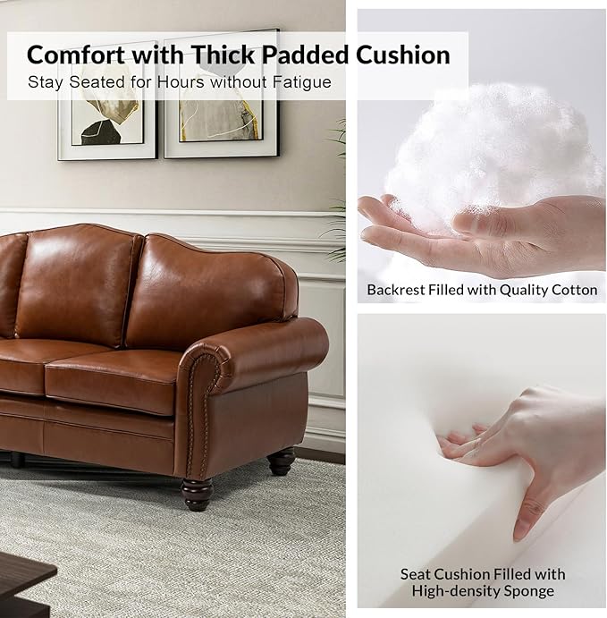 81" Genuine Leather Sofa, Classic 3-Seater Couchs - Image 5