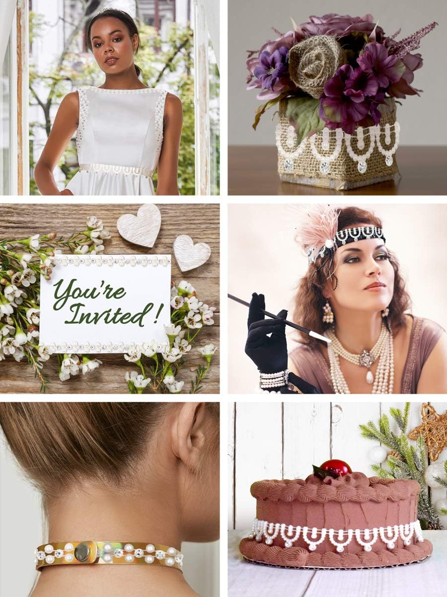 Mandala Crafts 0.25 Inch Crystal Faux White Pearl Beads Roll - 10 Yards Strand of Rhinestones Fake Pearls Chain Garlands Spool String for Christmas Tree, Wedding, Party, Vases, DIY Decoration