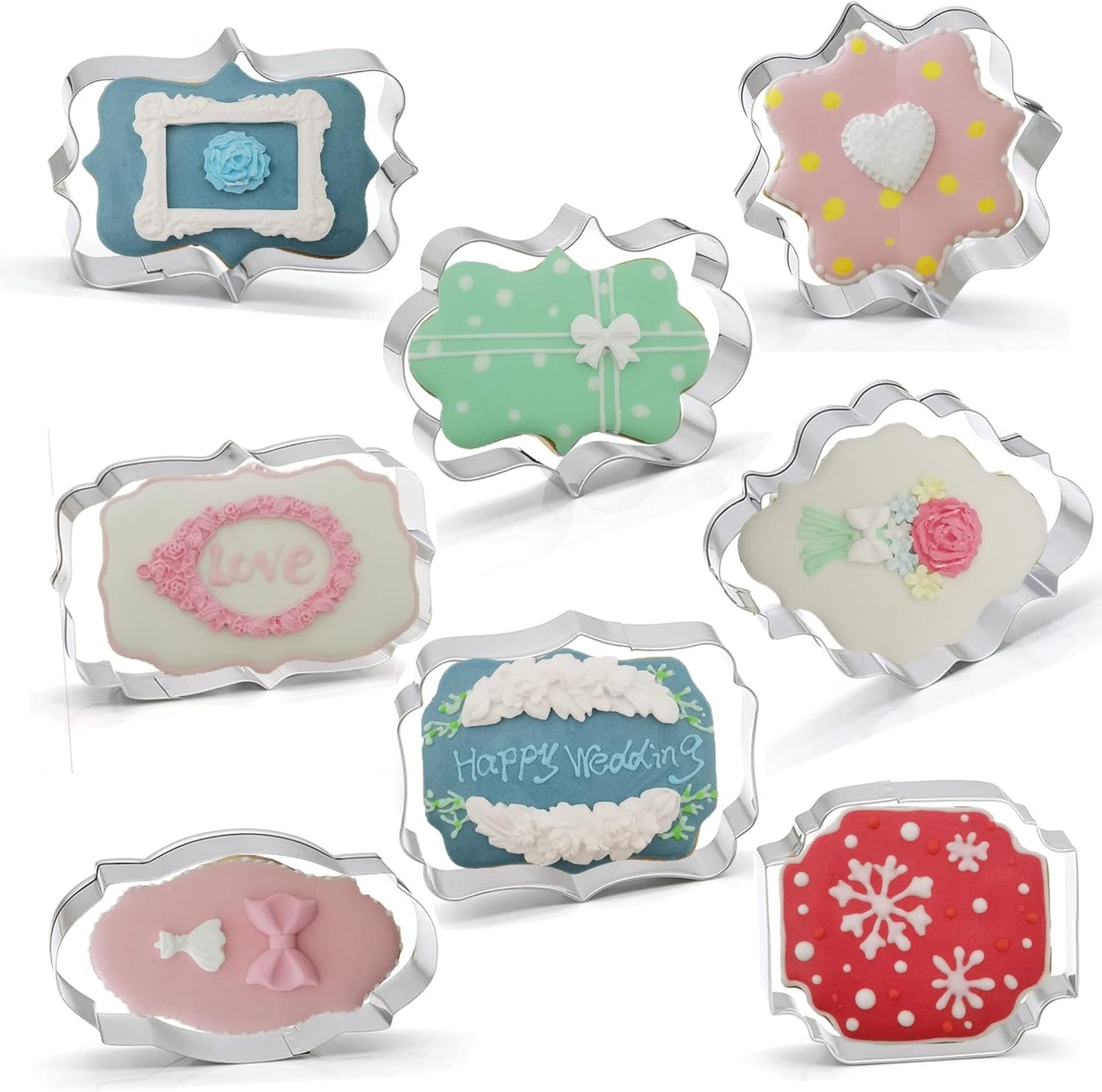 Fancy Plaque Cookie Cutters Set of 8 pcs, Stainless Steel Wedding Frames Shaped Fondant Cutter Molds Baking DIY