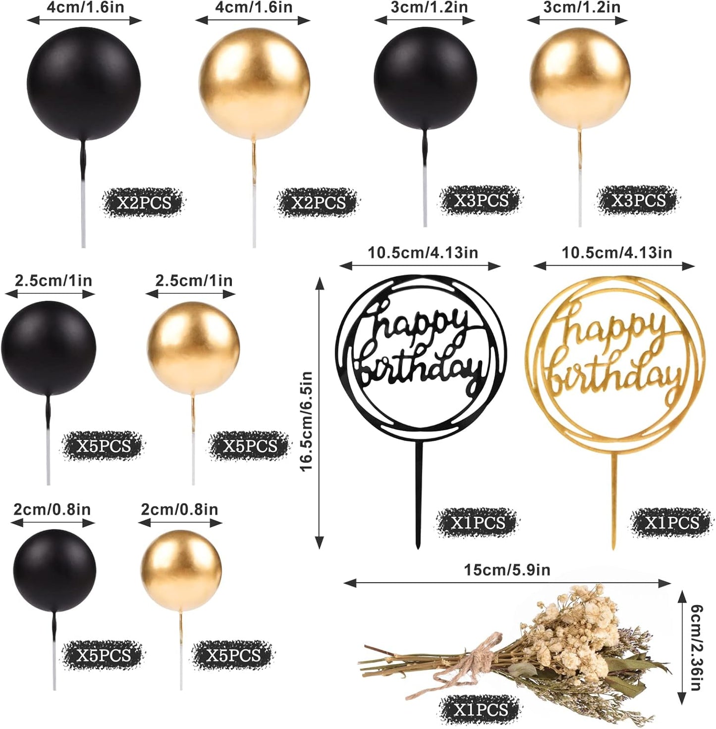 33 PCS Mini Ball Cake Topper Cupcake Insert Acrylic Cake Topper Artificial Dried Flowers Cake Decorations for Anniversary Graduation Birthday Party Baby Shower (Black, Gold)