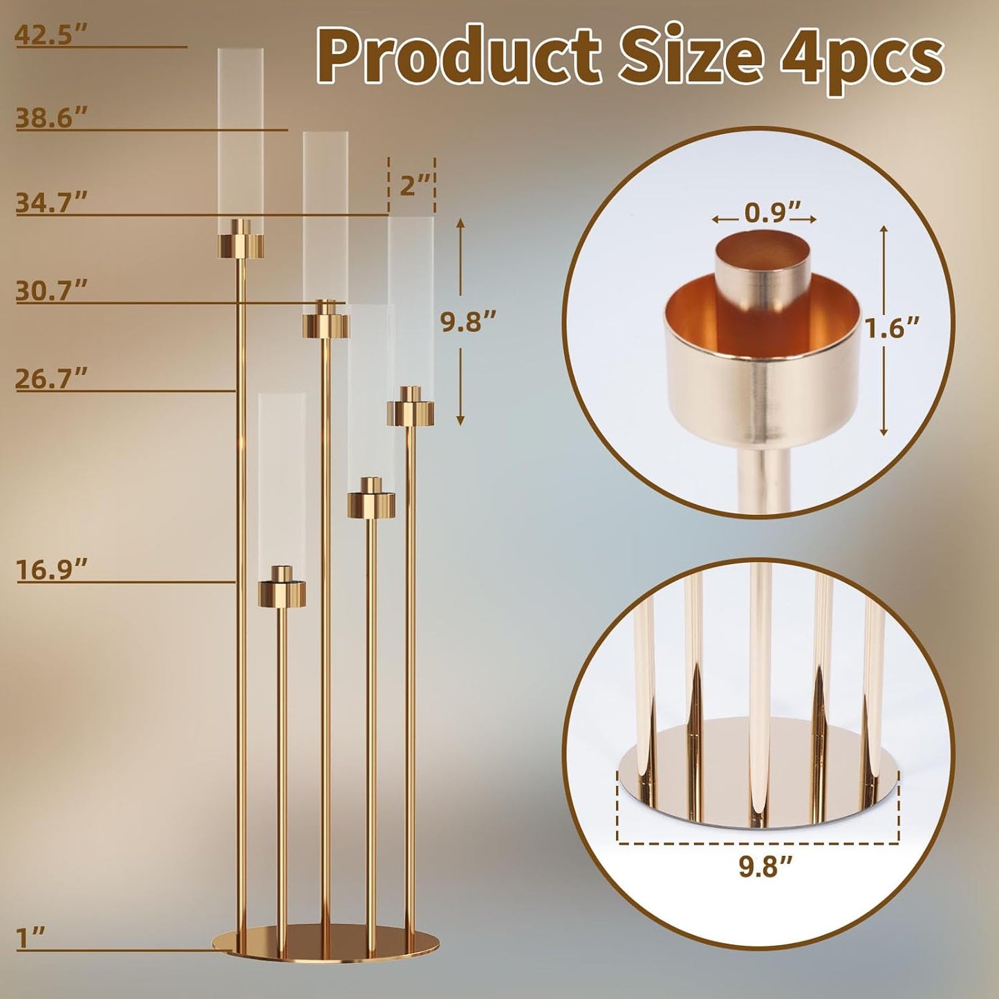 42.5'' Floor Candelabra 5 Arm Candelabra Centerpieces for Tables Gold Candle Sticks Holder 4 Set Tall Metal Candlestick with Acrylic Lampshades for Home Christmas Party (Round)