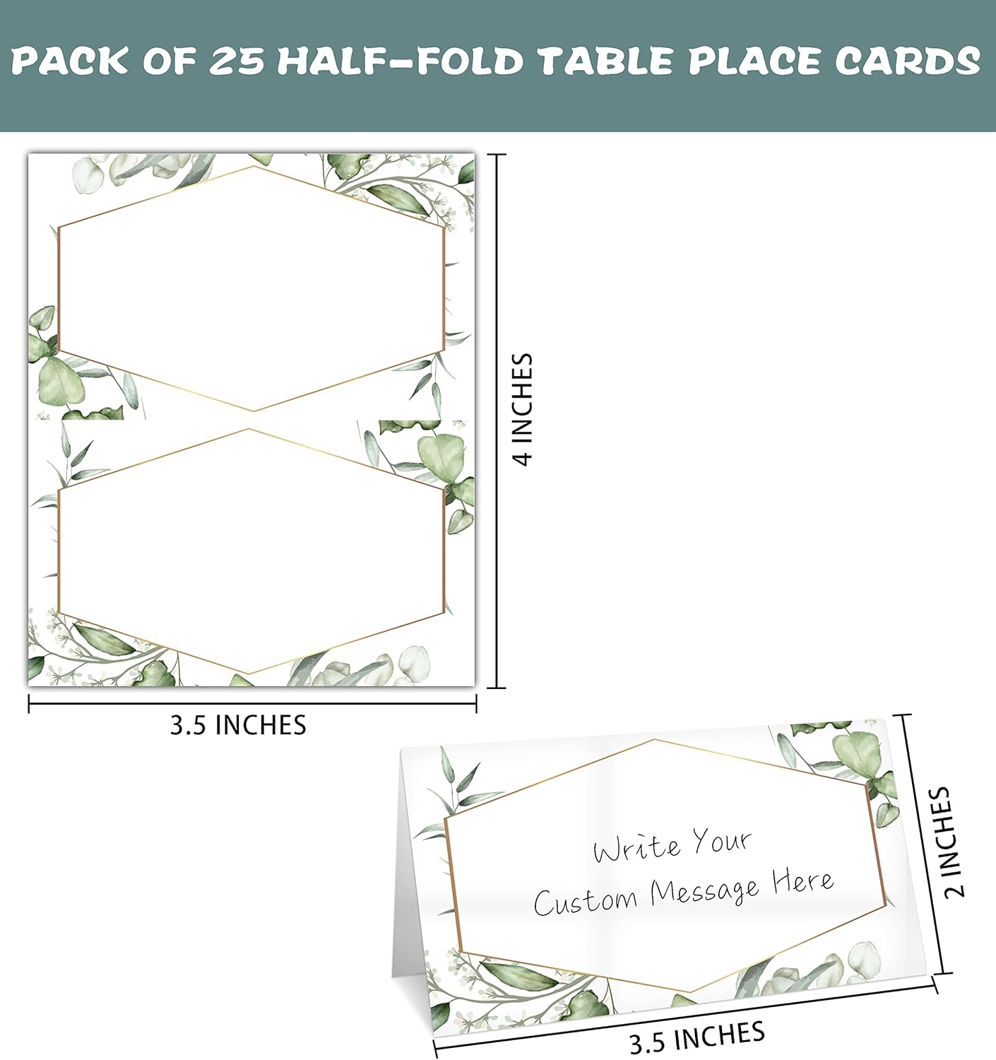 Gold Foil Greenery Table Place Card, 25 Pcs Tent Style Cards Set with Green Eucalyptus, Editable Name Cards for Table Seating, Food Lables for Birthday Party, Baby Shower, Wedding, Bridal Shower(12)
