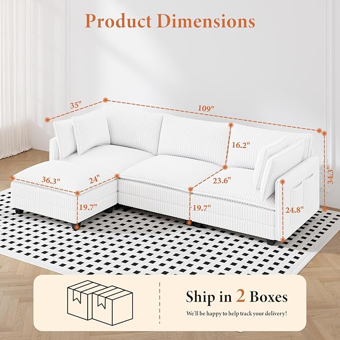 Vesgantti 109" L Shaped Cloud Sectional Couch, Comfy Corduroy Upholstered - Image 2