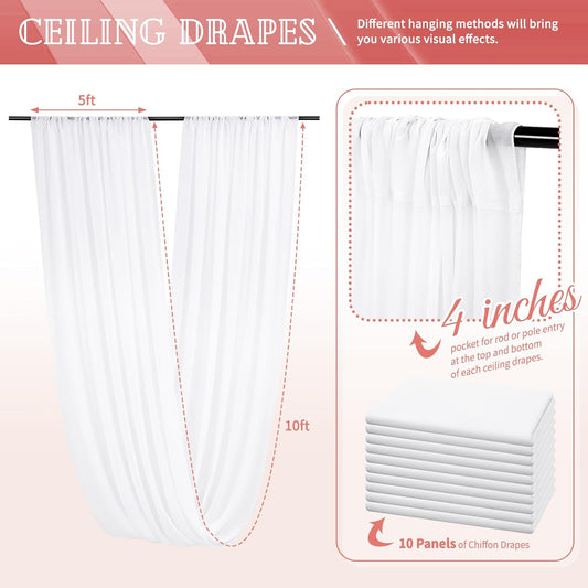10 Panels White Ceiling Drapes for Wedding 5ftx10ft Sheer Drapery Chiffon Fabric Arch Draping Curtains for Party Ceremony Birthday Baby Shower Reception Stage Ceiling Decorations