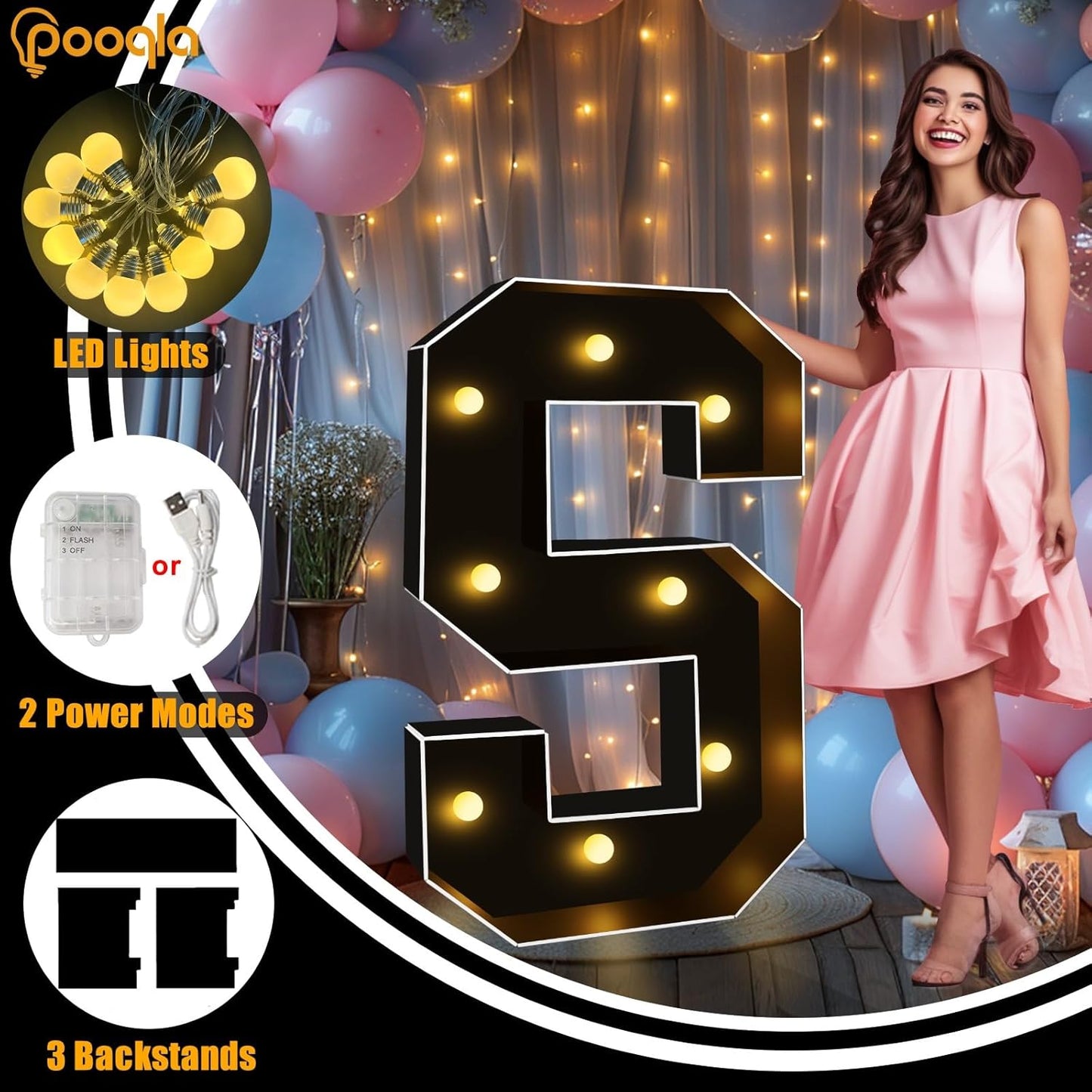 Pooqla 3 FT Marquee Light Up Letters, Black Marquee Letter Lights 3 Feet Tall, Giant LED Sign Big Mosaic Letters for Balloons Birthday Party Anniversary Wedding Decorations, Warm White L