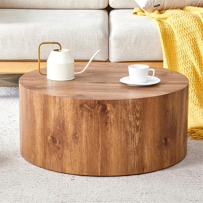 Round Coffee Table, 23.6" Modern Wood Drum Coffee Table, Round Accent Center - Image 7