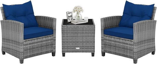 HAPPYGRILL 3 Pieces Patio Conversation Set, Outdoor Furniture Set PE Rattan by HAPPYGRILL