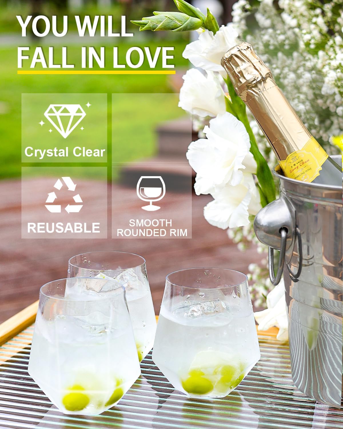 40 Pcak Plastic Stemless Wine cocktail Whiskey Champagne Glasses, 12 Oz Disposable Clear Unbreakable Cups for Party Bars Wedding Tasting (Diamond-shaped)