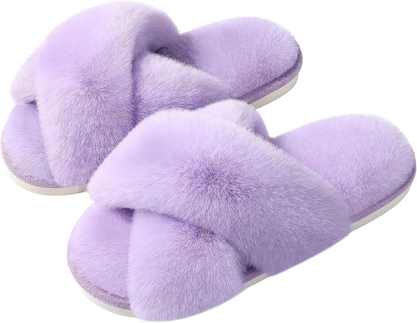 Evshine Women's Fuzzy Slippers Cross Band Memory Foam House Slippers Open Toe