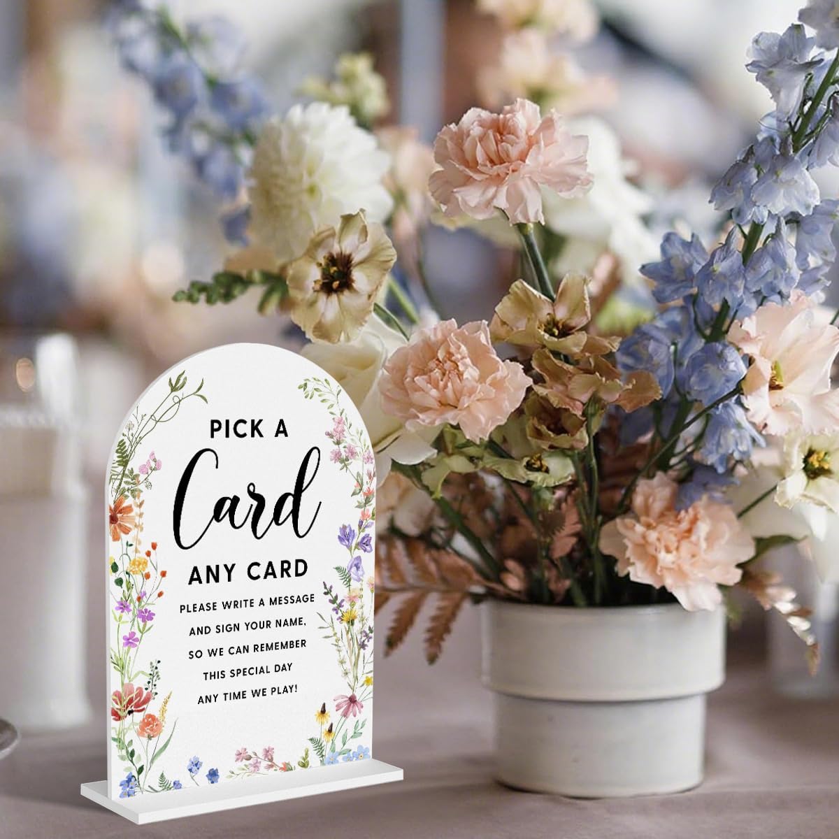 Acrylic Wedding Signs, Pick A Card Signs for Marriage Reception, Bridal Shower Decorations, Modern Arched Round Top Acrylic Table Top Sign with Holder for Wedding Party Dinner (White Wildflowers)