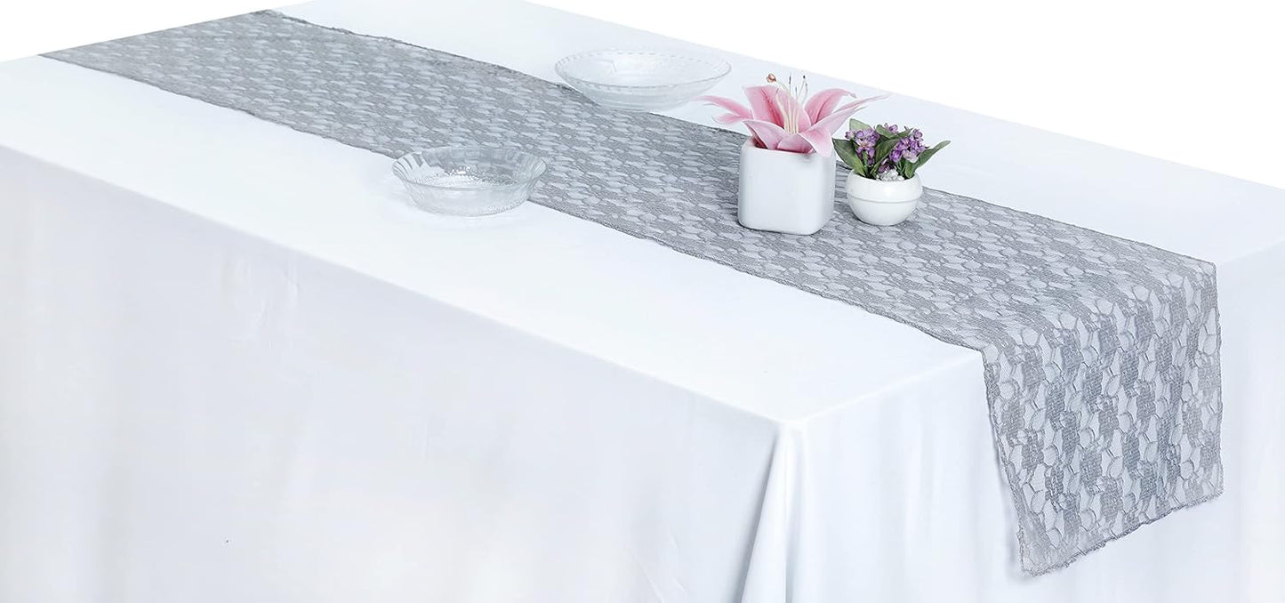 MDS Pack of 25 Wedding 12 x 108 inches Lace Table Runner for Wedding, Decorations for Birthday Parties, Banquets, Graduations, Engagements, and Runners fit Rectangle, Round Table- Silver Gray