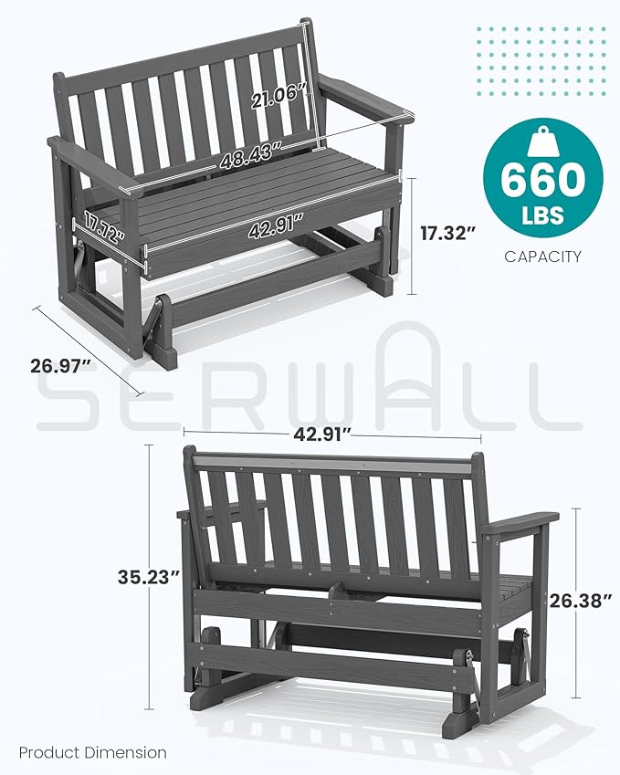 SERWALL Outdoor Glider Rocking Chair, HDPE All-Weather Resistant 2-Person - Image 2