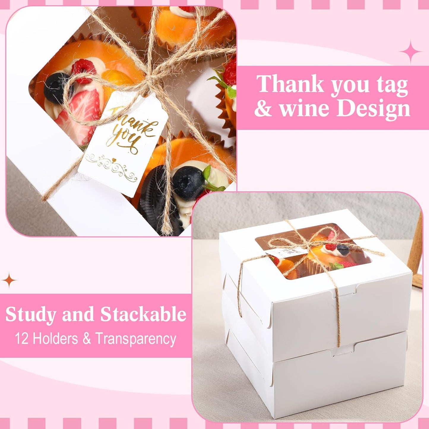 36 Pack Cupcake Boxes Hold 4 Count Disposable Cupcake Containers with Window and Cake Carrier with Thanks Card and Jute Rope to Muffins Cupcakes Cookies Gift Wrapping (White)