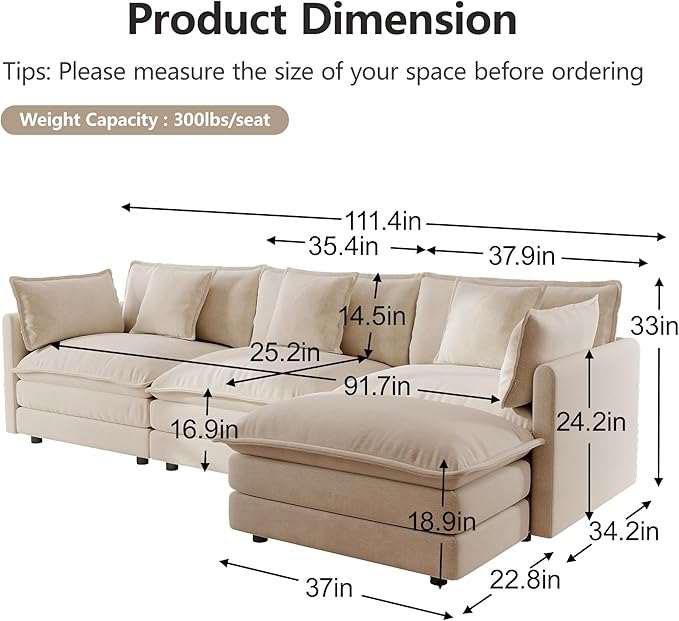 mikibama Modular Sectional Sofa, 111.5 Inch L Shaped Couch Set - Image 2