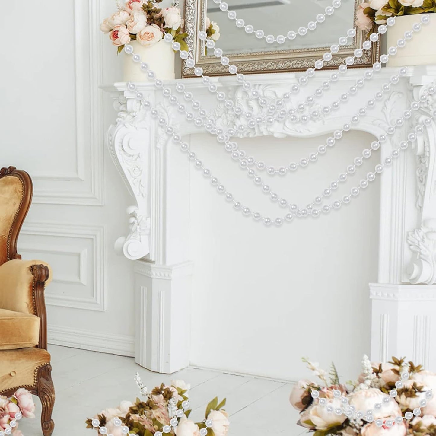 Faux White Pearl Bead Garland - 6mm Spool Pearl String Bead Roll, 22 Yards for Wedding or Christmas Tree Decoration