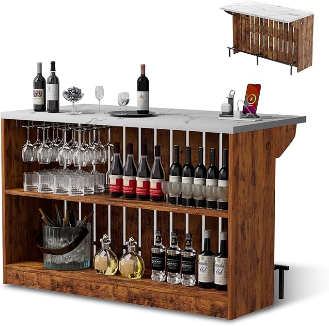 Home Bar Unit with LED Lights and Charging Station, Imitation Marble Mini by VAXZOFI